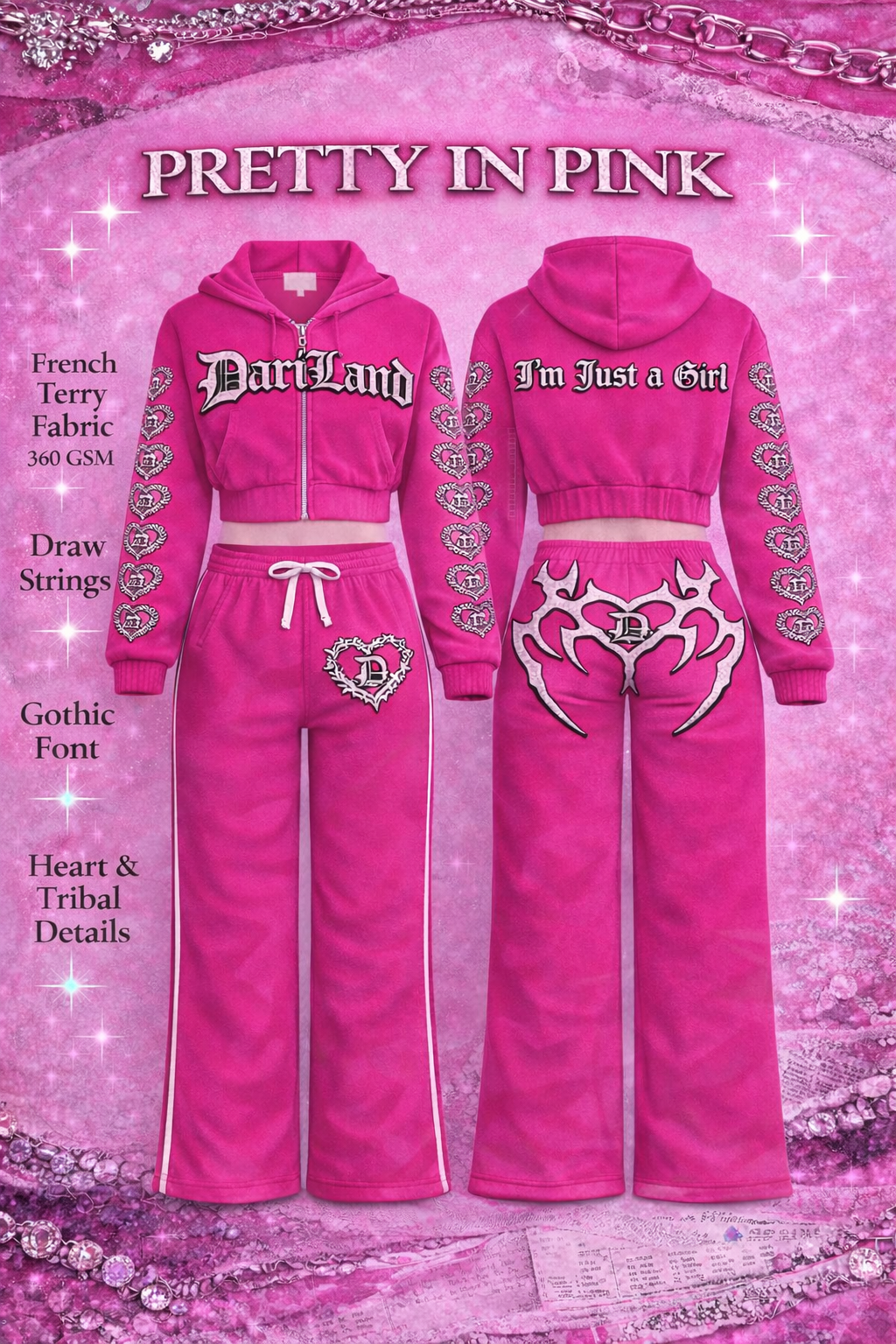 Pink tracksuit with text and designs on a pink glittery background