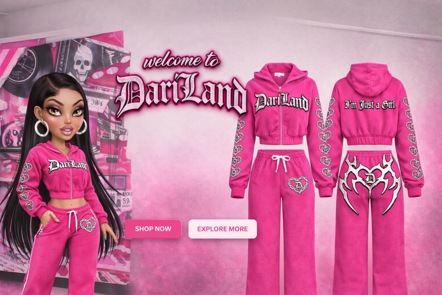 Pink 'Dari Land' clothing set with a doll wearing it, on a pink background.